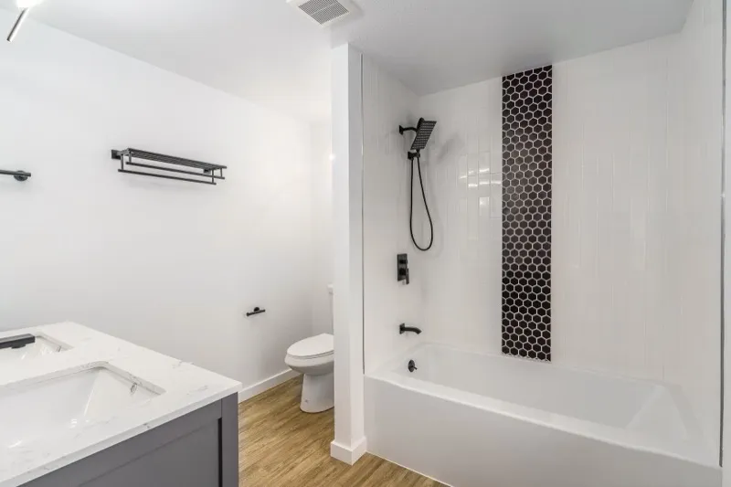 Bathroom with black hexagon tile accent